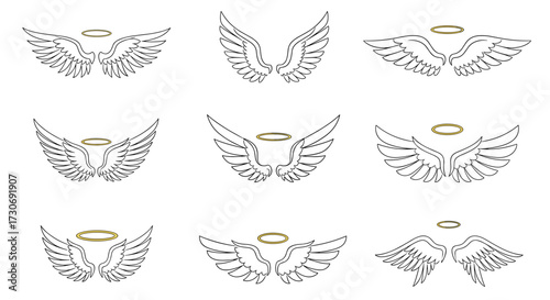 A collection of nine decorative angelic wing illustrations each adorned with a golden halo symbolizing divine protection and spiritual essence.