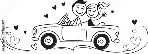 Love's Journey in a Convertible: Whimsical cartoon depicting a loving couple cruising in a classic convertible, surrounded by hearts, radiating joy and affection.