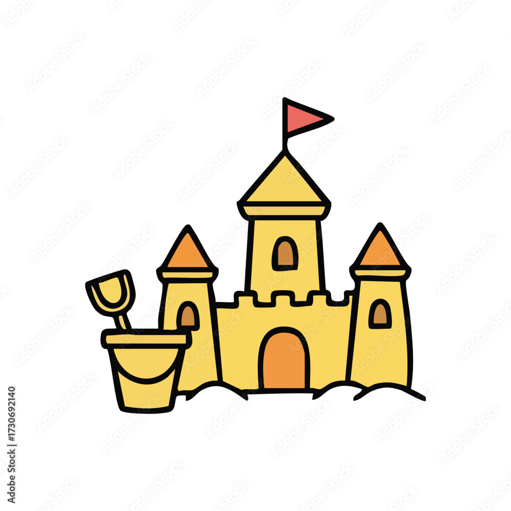 Naklejka premium Sandcastle with Bucket and Spade. This cheerful beach fortress with its little pail and digging tool represents happy childhood memories and delightful summer play.