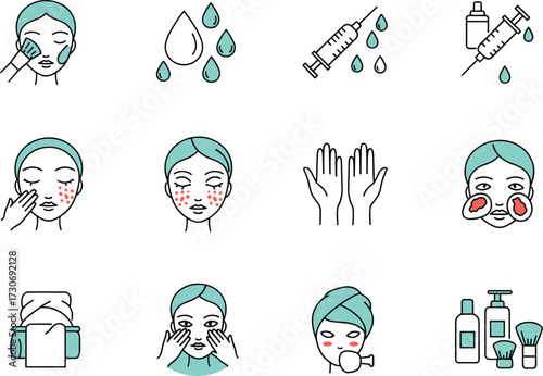 Set of Skincare and Beauty Line Icons, Facial Treatment, Dermatology, Cosmetic Procedures, Anti-Aging, and Spa Routine Thin Line Vector.