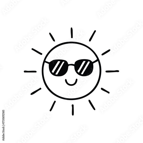 Happy Sun with Sunglasses Doodle. A minimalist drawing of a radiant orb sporting eyewear. It conveys positive energy, blissful times, and vacation vibes, ideal for summer projects.
