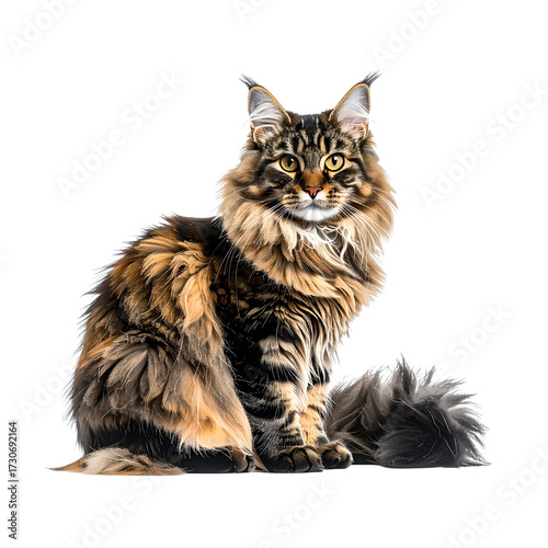 Fluffy Cat Sitting Upright, Front View, Isolated on Transparent Background