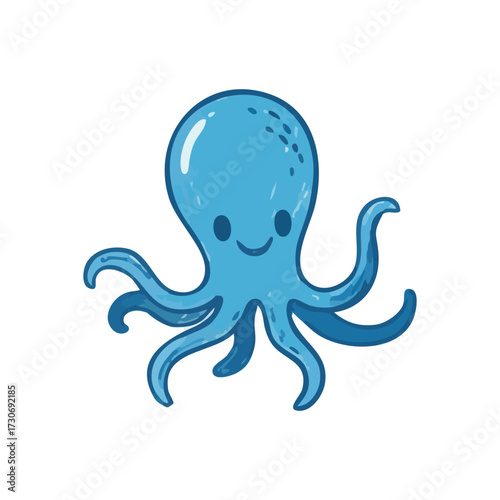 Happy Blue Octopus Character. This charming aquatic mollusk embodies innocent cheer and ocean wonder. Its vibrant azure tint and kind face symbolize a friendly underwater companion.