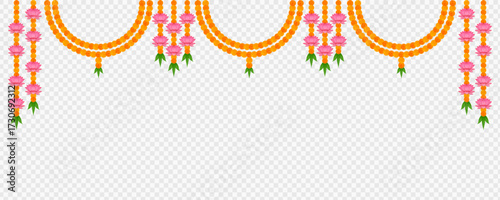 Marigold, Dhanteras. Marigold Flower. Garlands Decoration, Durga Puja, Onam. Vector marigold. Karwa Chauth. Garlands Decor, Durga Puja Sale, Frame. Ganesh Chaturthi, Border, Navratri. Saraswati puja, 