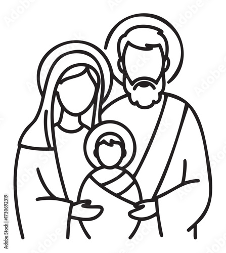 Line art of biblical holy family: mary, joseph, baby jesus in simple outline - stock vector