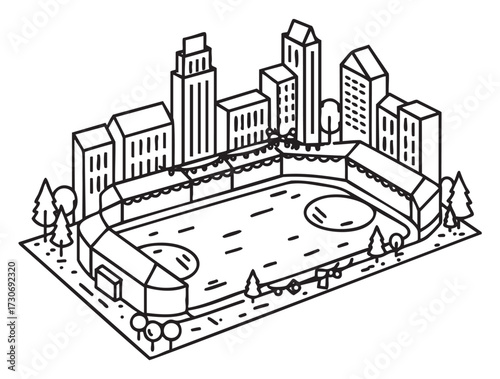 Isometric urban cityscape with stadium and skyscrapers in monochrome - stock vector
