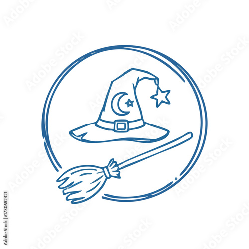 Magic Witch Hat and Broom Doodle. An arcane sorceress's attire, equipment outlined in blue. Suitable for fantasy projects or seasonal events, conveying mystery and ancient rituals.