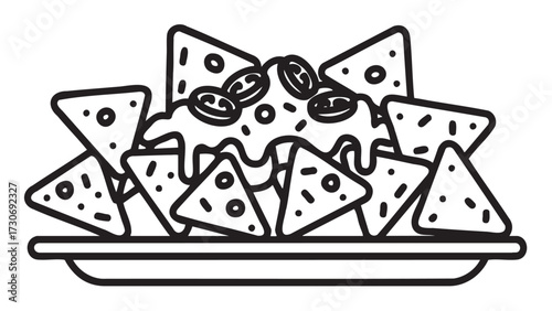 Black and white nachos with cheese and jalapeños on a plate - stock vector