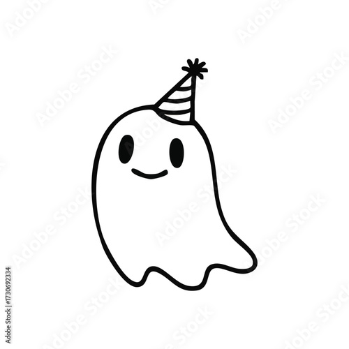 Cute Ghost with Celebration Hat. This charming phantom adorns a festive headwear, conveying delight and merriment. Ideal for playful designs, events, or seasonal festivities.