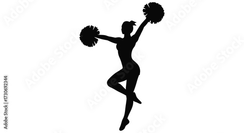 A dynamic cheerleader in mid air pose with pom poms a striking silhouette