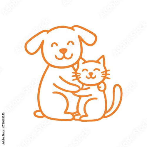 Adorable Pet Companions Embrace. A heartwarming illustration depicting two household animals, a canine and a feline, sharing a loving cuddle. Symbolizes loyalty, harmony, and mutual affection.
