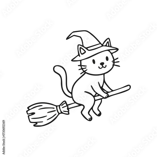 Cute Witch Cat on Flying Broom. This charming feline, adorned in a wizard cap, glides on an enchanted sweeping stick. Represents fantasy, playfulness, and holiday spirit.
