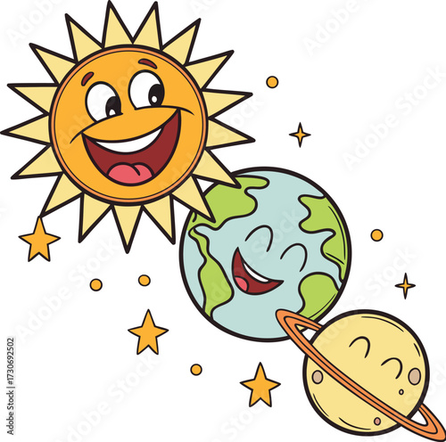 Charming cartoon sun earth and saturn characters in outer space with stars isolated on transparent background