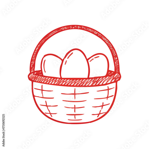 Hand Drawn Egg Basket Sketch. A charming minimalist drawing of three poultry items nestled within a woven hamper. Evokes feelings of homemade comfort, healthy eating, and springtime joy.
