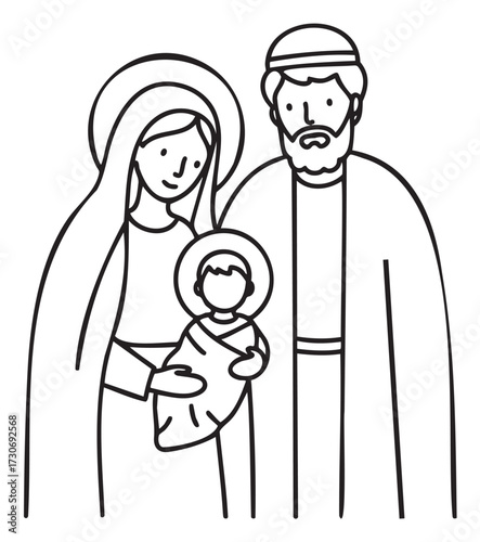 Line drawing of holy family with baby jesus - black and white illustration - stock vector