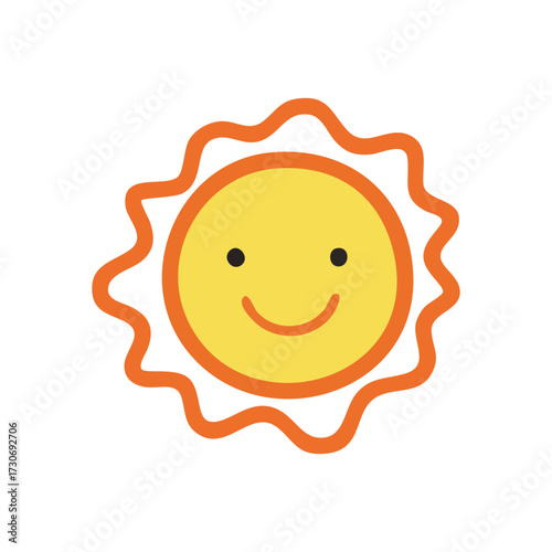 Happy Cartoon Sun Icon. Cheerful yellow solar symbol with a warm smile. Represents joy, bright days, and positive energy for children designs.