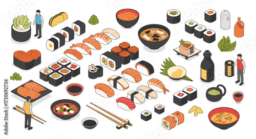 A vibrant isometric collection of delicious sushi rolls and Japanese dishes beautifully arranged on a white background.