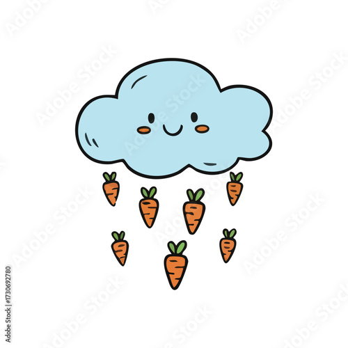Happy Cloud Raining Carrots. A cheerful sky vapor delivers fresh vegetables, symbolizing nature's generous bounty and healthy growth. Whimsical cartoon design for a lighthearted mood.