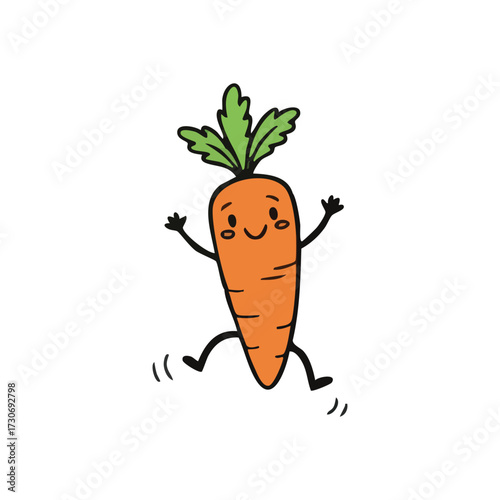Happy Cartoon Carrot Jumping. This delightful garden root, bursting with vitality, expresses pure elation through a lively leap. Its animated nature suggests wholesome freshness.