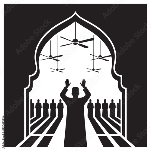 Silhouette of a muslim man praying with arms raised inside a mosque archway with rows of worshippers and ceiling fans overhead