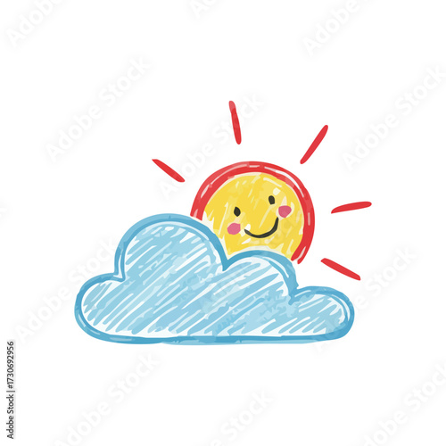 Smiling Sun and Cloud Child Art. This cheerful doodle portrays a radiant star emerging from a fluffy sky formation. It conveys innocence, bright prospects, and carefree early years.