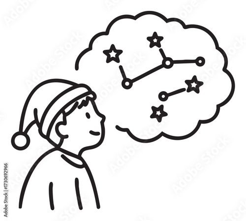 Child imagines star constellation in dream bubble - asian boy in sleepwear - stock vector