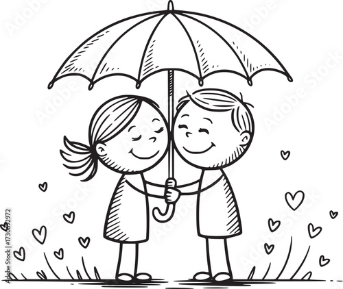 Unbreakable Bond of Love: A heartwarming illustration captures two cartoon figures, embracing under a shared umbrella in the rain, symbolizing affection and unwavering support amid falling hearts.