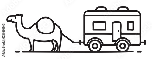 Camel pulling caravan outline drawing in minimalist style - stock vector