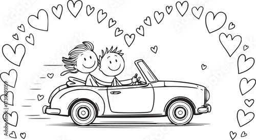 Love on the Open Road: A pair of stick figures embark on a romantic adventure in a classic convertible car, framed by a cascade of hand-drawn hearts.