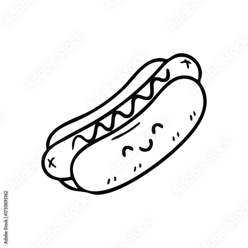 Happy Hot Dog Cartoon Drawing. A cheerful frankfurter in a bun, this delightful sketch evokes joy and deliciousness. Perfect for food-related projects.