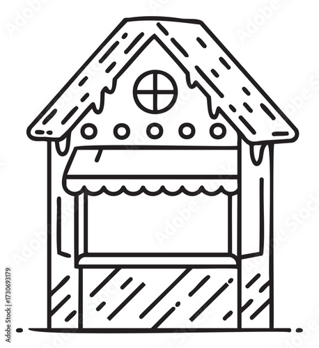 Charming christmas market stall with snow-covered roof and festive awning - stock vector