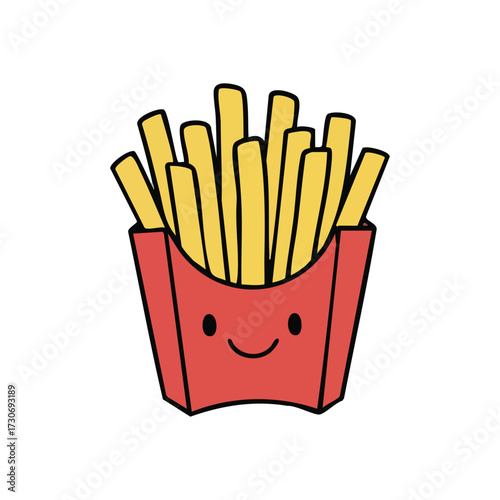 Happy French Fries Box Cartoon. An adorable illustration of golden potato sticks within a vibrant red container. This cheerful snack graphic symbolizes joy and deliciousness.