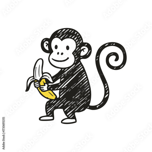 Smiling Monkey Holding Fresh Banana. An endearing cartoon primate illustration. This cheerful character enjoys its peeled fruit, radiating joy and simple delight.