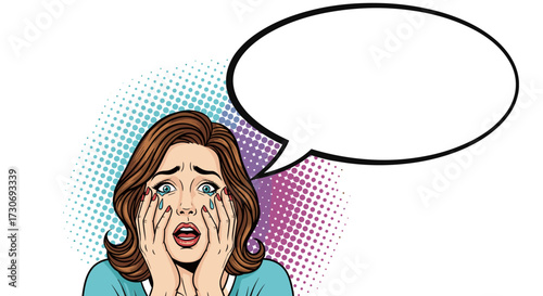 A woman with wide eyes and an open mouth expressing shock and fear with a speech bubble above her head.