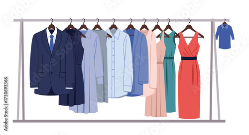 A rack of elegant formal dresses and business attire for a sophisticated wardrobe.