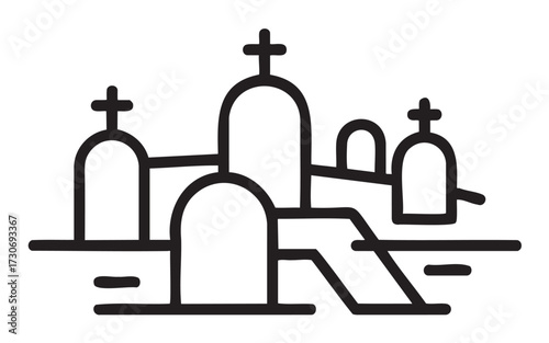 Simple black outline of cross-headed tombstones in a cemetery scene - stock vector