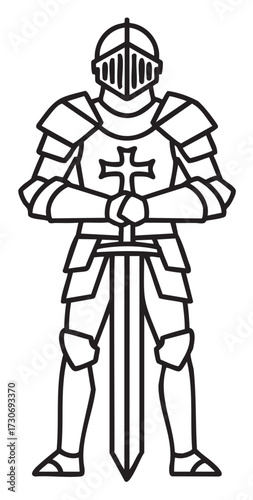 Medieval knight holding sword in full armor line art - stock vector