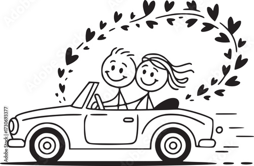 Love on the Open Road: A stick figure couple embarks on a joyous convertible ride, trailing a whimsical heart-shaped vine, symbolizing their love journey.