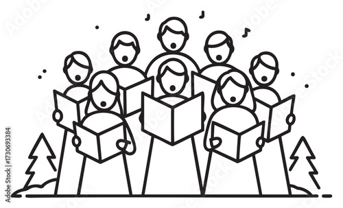 Line art choir group singing christmas carols with sheet music - stock vector