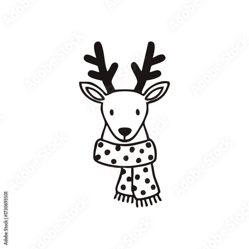 Festive Fawn Adorned with Cozy Scarf. Delightful woodland animal drawing featuring a gentle face and spotted neckwear. This adorable graphic symbolizes seasonal cheer and snug comfort.