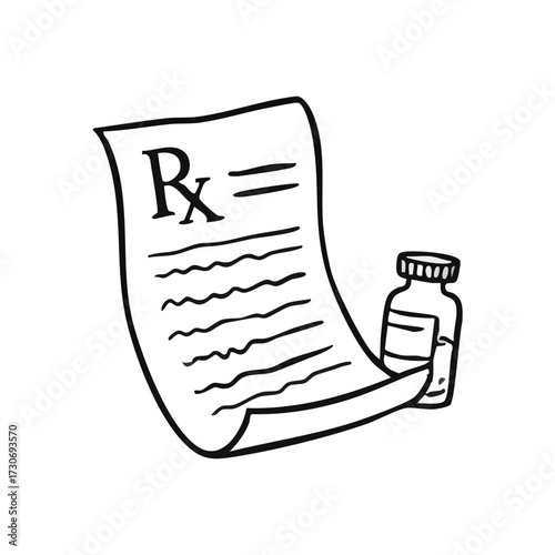Medical Prescription and Meds. This stylized doctor's order and drug vial represent health management, patient care, and a therapeutic remedy. Symbolizes getting well.