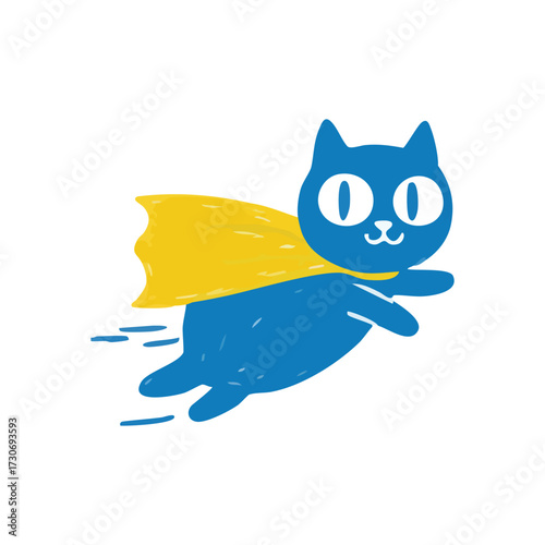 Flying Blue Cat Hero with Yellow Cape. This adorable cartoon depicts a valiant blue kitty wearing a bright golden cape, swiftly moving forward. It symbolizes bravery, hope, and swift progress.