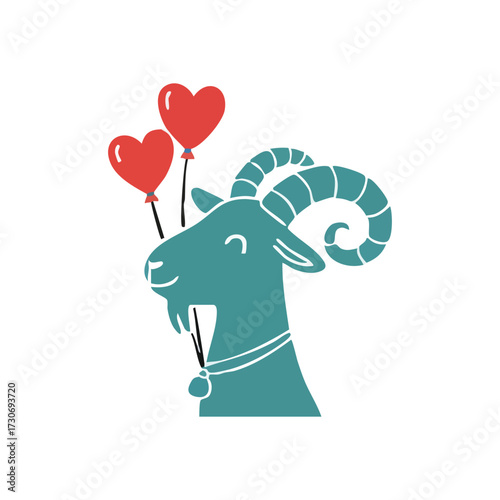 Charming Ram with Red Heart Balloons. An adorable horned animal happily carries crimson air-filled ornaments. Symbolizes affection, celebration, and joy.