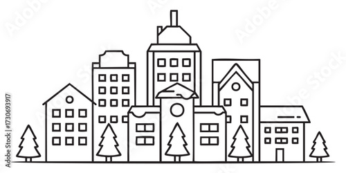 Minimalist cityscape illustration with tall buildings and trees - stock vector