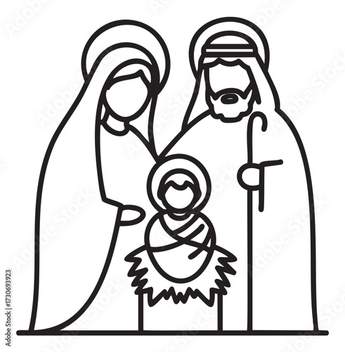 Nativity scene line art with holy family depicting jesus mary joseph - stock vector