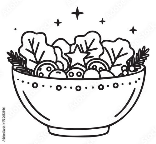 Line art bowl of fresh greens with tomatoes and herbs - stock vector