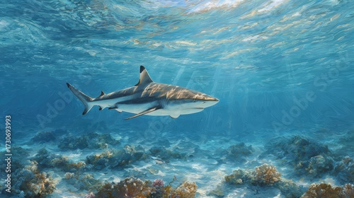 Wallpaper Mural blacktip shark swimming in clear tropical waters above a coral reef, Underwater lighting with sunlight rays penetrating the surface Torontodigital.ca