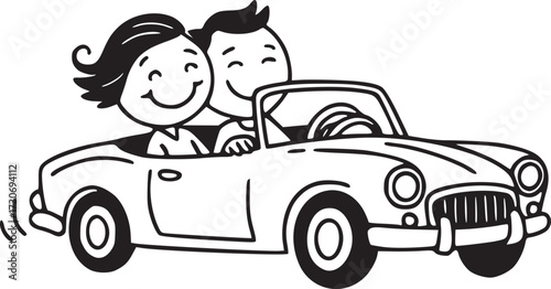 Joyride in a Vintage Convertible: A cheerful couple enjoys a sunny day out in a classic convertible. Their expressions of pure joy and excitement embody freedom and romance. 