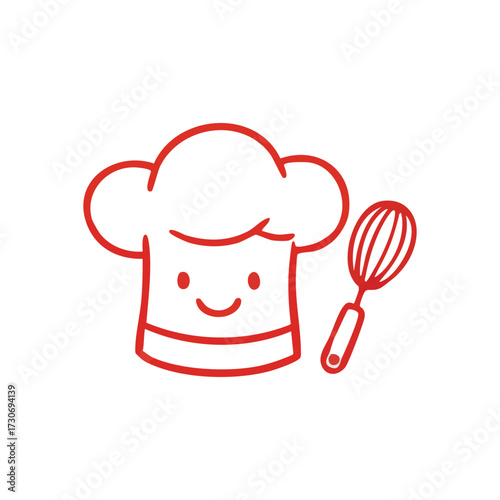 Happy Chef Hat and Whisk Icon. Cute red outline of a smiling cook's toque with a kitchen utensil. Symbolizes culinary joy and delicious creations.