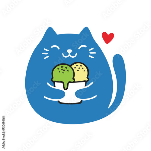 Joyful Cat Cuddles Ice Cream Treat. A delightful illustration showcases a blissful blue animal embracing a cold confection. This artwork evokes feelings of pure delight, comfort, and innocent.